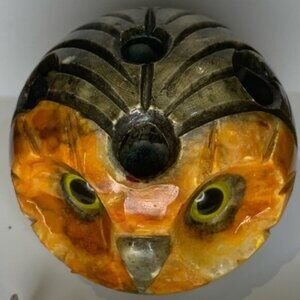 Vintage 1970s Hand Carved Italian Alabaster "Owl" Paperweight w  Glass